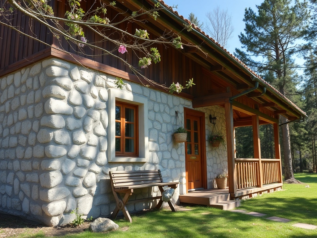 Деревянный дом с каменными стенами, террасой и скамейкой на зелёном фоне, окружённый деревьями.