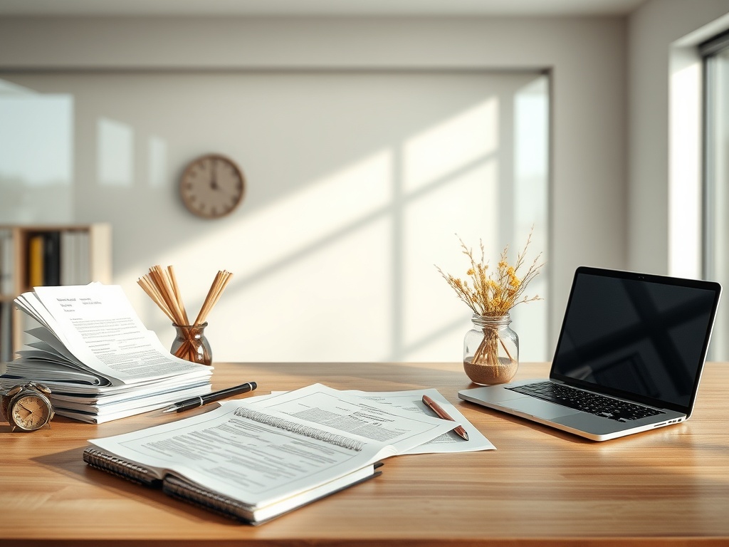 Современный офис: стол с документами, ноутбуком и вазой с сухоцветами на фоне светлого окна.