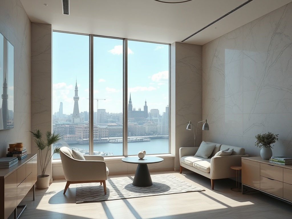 Современная гостиная с панорамными окнами и видом на город, уютная мебель и минималистичный дизайн.