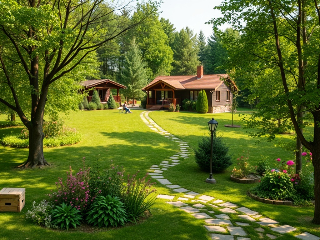 На изображении уютный загородный дом с лужайкой, пешеходной дорожкой и зелеными деревьями вокруг.