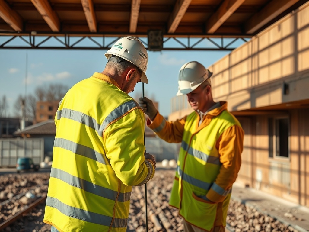 Рабочие в яркой одежде и касках обсуждают проект на строительной площадке под солнечным небом.