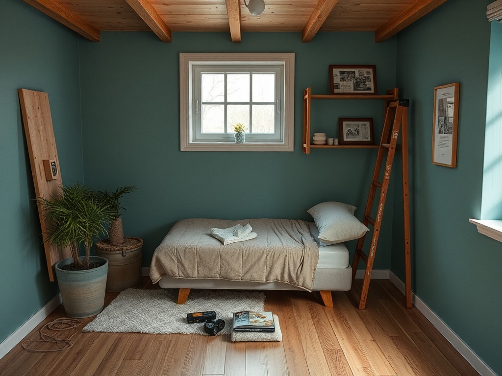 Современная спальня с односпальной кроватью, растением, фотографиями и деревянной лестницей на зеленых стенах.