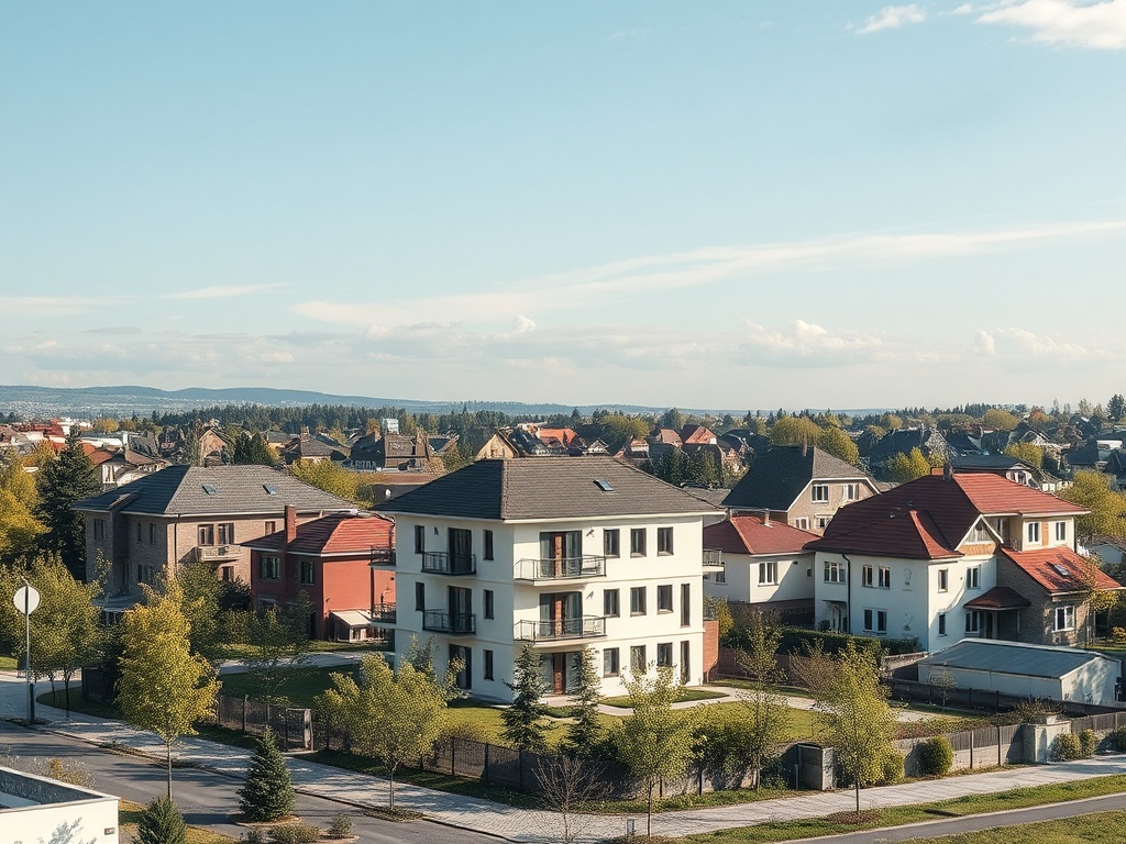 Городской пейзаж с современными домами, зелеными деревьями и ясным небом на фоне гор.