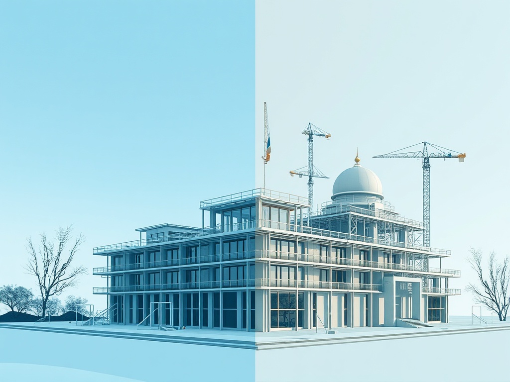 Современное здание в процессе строительства с кранами и голубым небом на фоне.