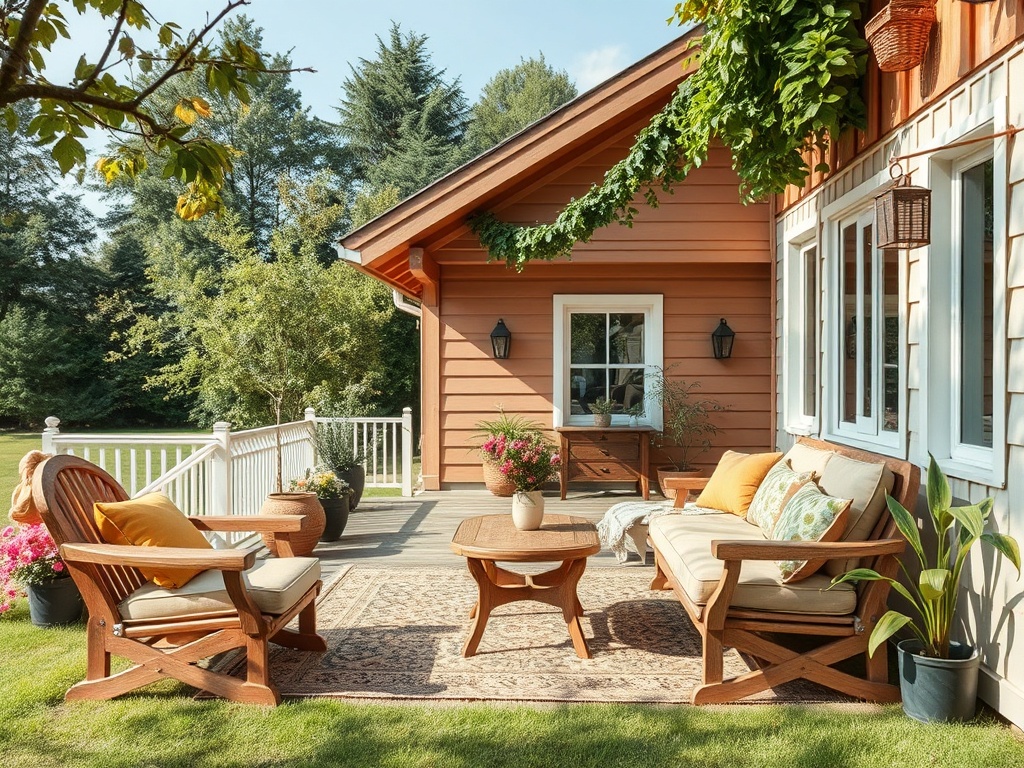 Уютная терраса с деревянной мебелью, цветами и зелеными растениями на фоне дома и сада.