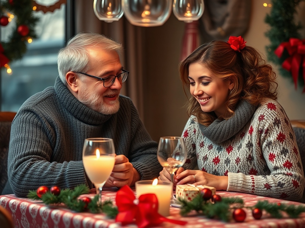 Два человека празднуют вместе: улыбаясь, общаются за столом, украшенным рождественскими деталями.