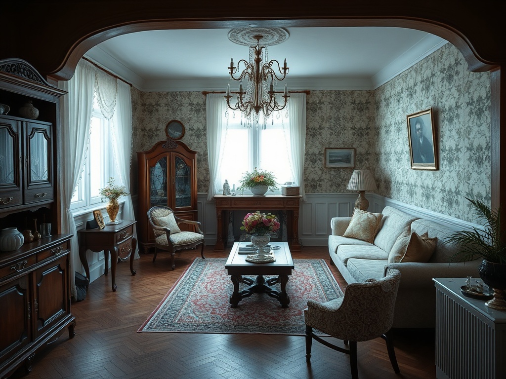 Уютная гостиная с роскошной мебелью, светлыми окнами и красивыми цветами на столе. Традиционный интерьер.