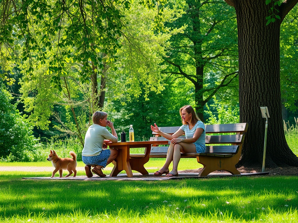 Две женщины сидят за столом в парке, рядом с ними играет собака на фоне зелёных деревьев.