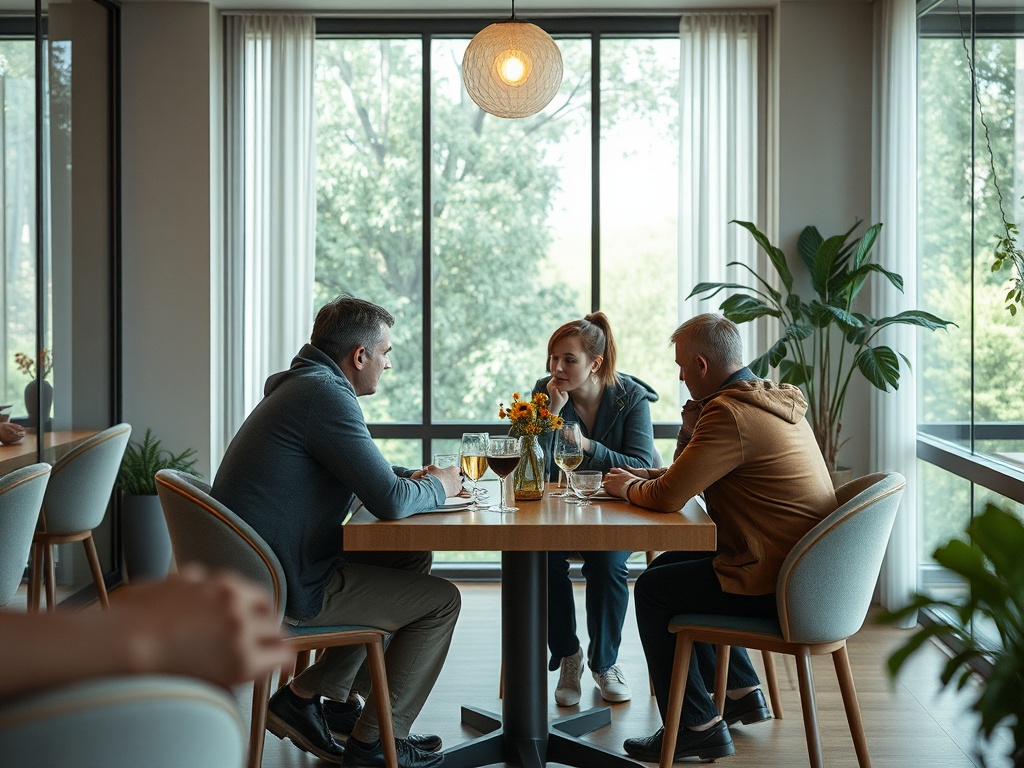 Трое людей за столом в современном кафе беседуют, вокруг зелень и большие окна с видом на природу.