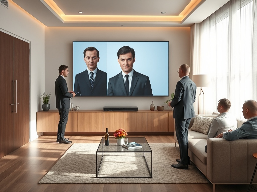 Два мужчины на экране, группа мужчин в костюмах обсуждают показанное в современном интерьере.