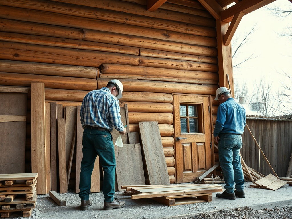 Два строителя в касках проверяют деревянные детали рядом с домом из бревен. Стройка продолжается.