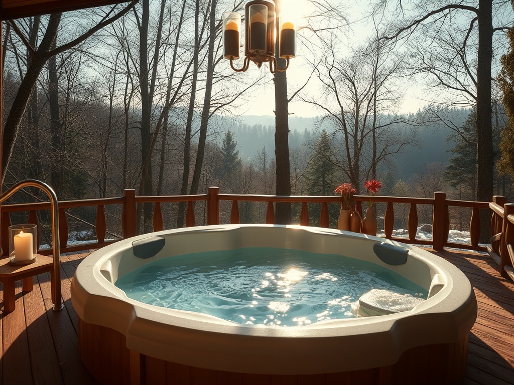 На веранде стоит джакузи, окруженное деревьями, на фоне утреннего света и прекрасного пейзажа.