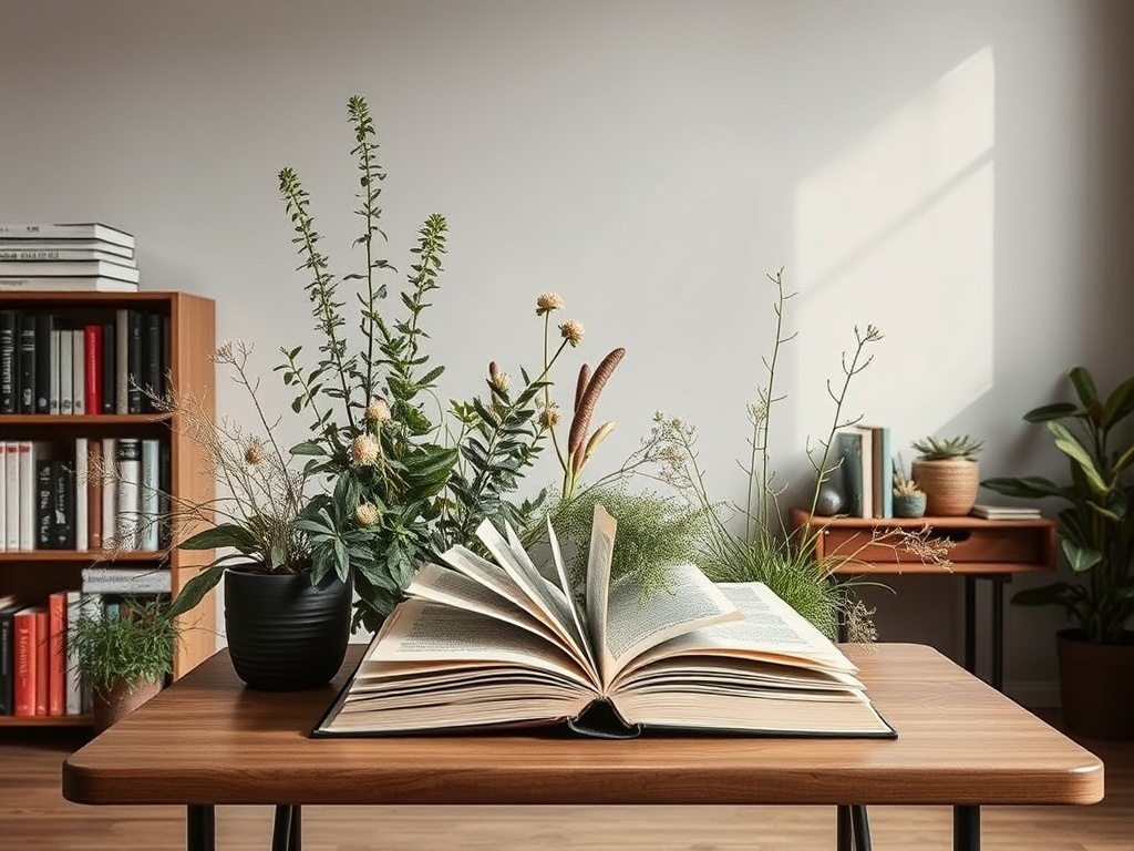 На столе открытая книга, окруженная растениями, в уютной комнате с полками для книг на фоне.