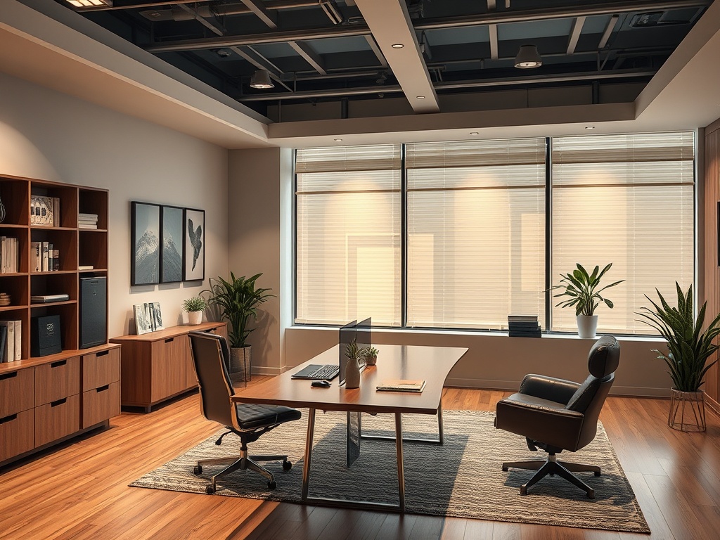 Современный офис с деревянной мебелью, большими окнами и зелеными растениями. Светлое и уютное пространство.