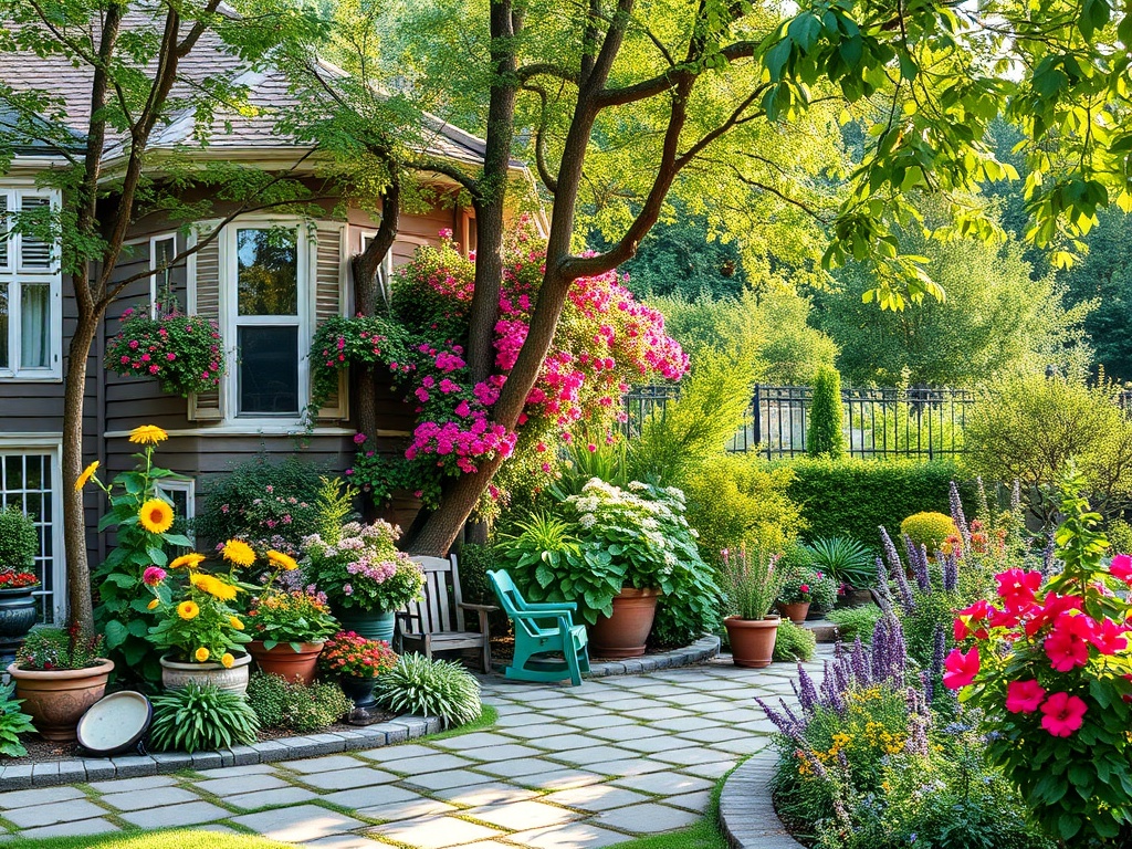 Уютный сад с цветущими растениями, уютной беседкой и ухоженной дорожкой у дома. Яркие цветы и зелень.