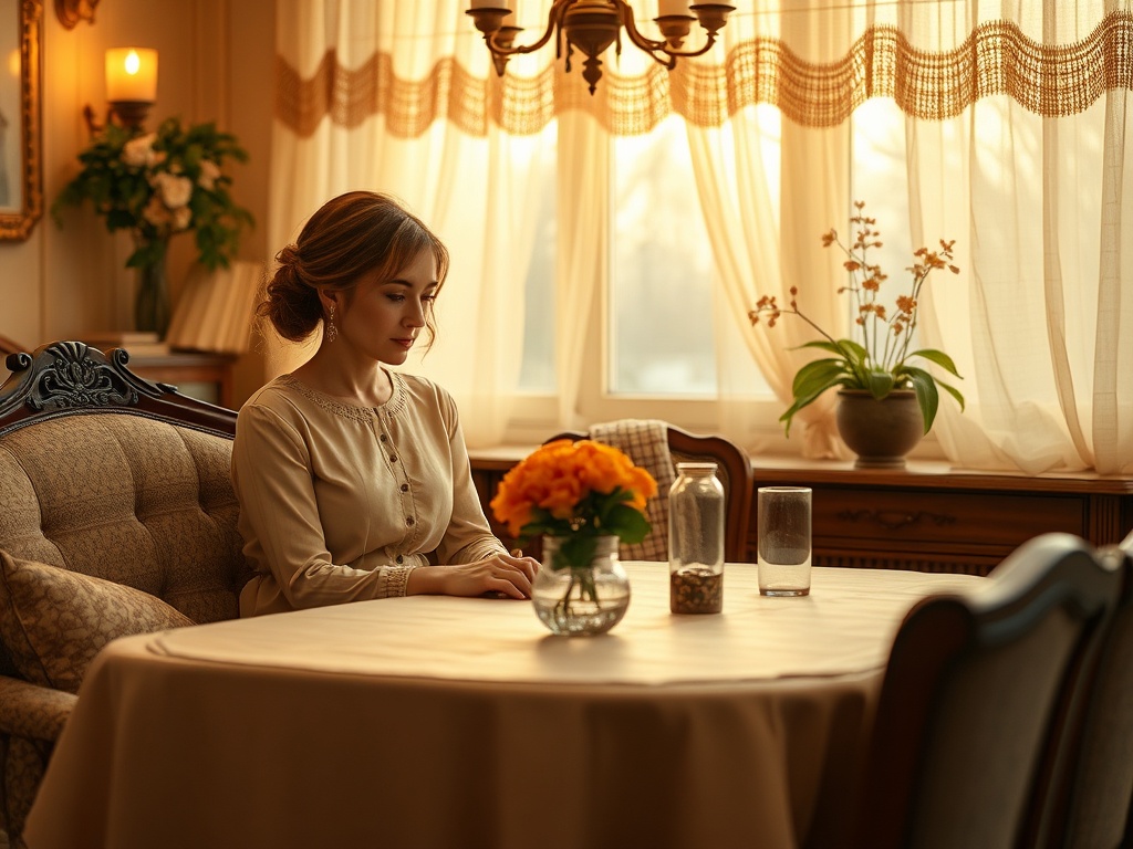 На изображении молодая женщина сидит за столом в уютной комнате, рядом цветы и освещенные окна.