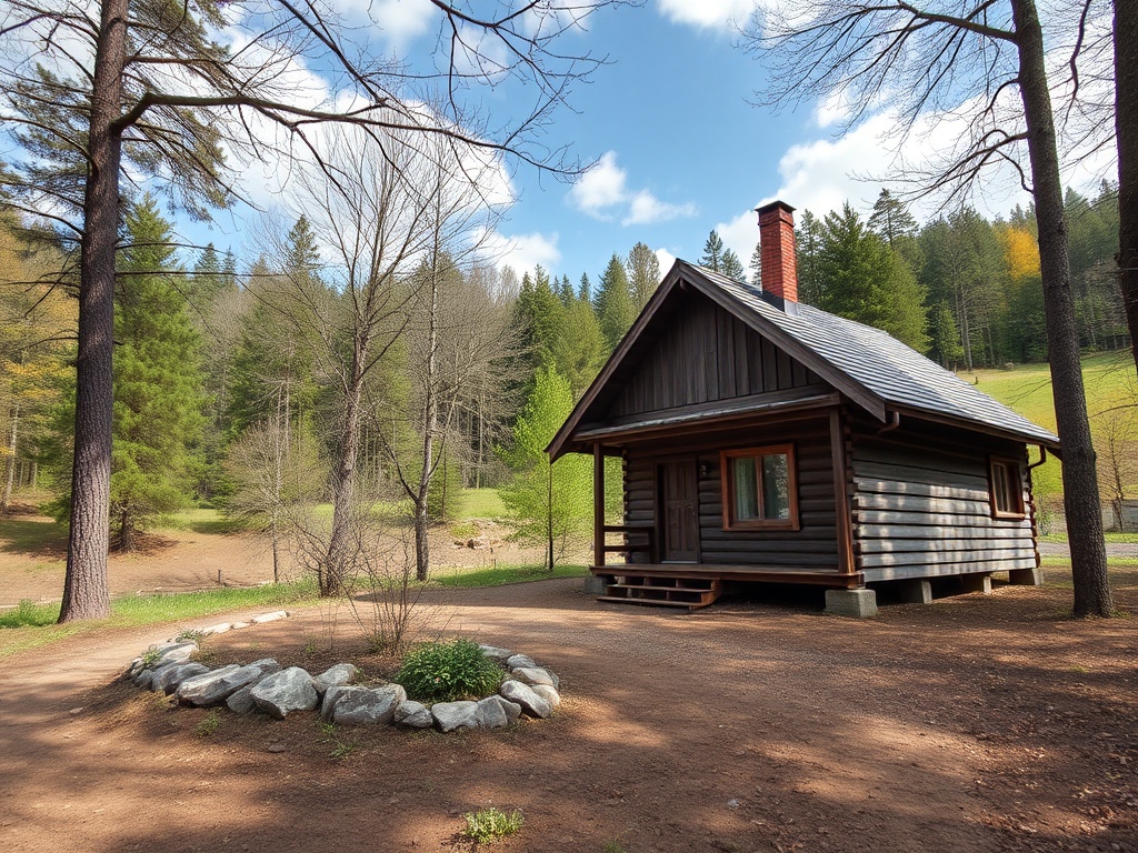 Домик в лесу, окруженный деревьями, с каменным кругом и солнечным небом. Спокойная природа и уединение.