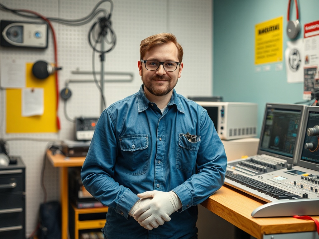 На фото человек в рабочей одежде стоит в лаборатории с оборудованием для звукозаписи.