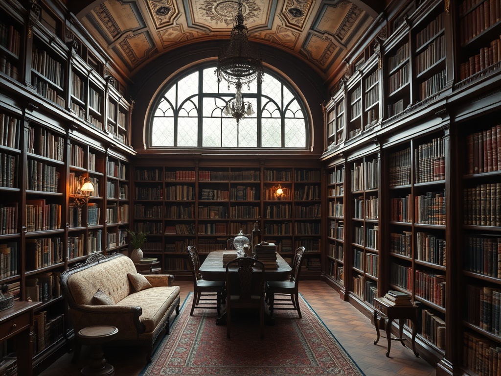 Уютная библиотека с высокими полками книг, стильной мебелью и большими окнами, наполненная мягким светом.