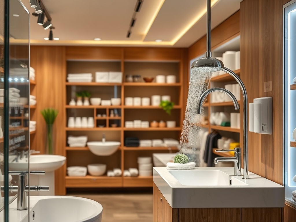 Современная ванная комната с раковиной, душем и полками, заполненными полотенцами и посудой.