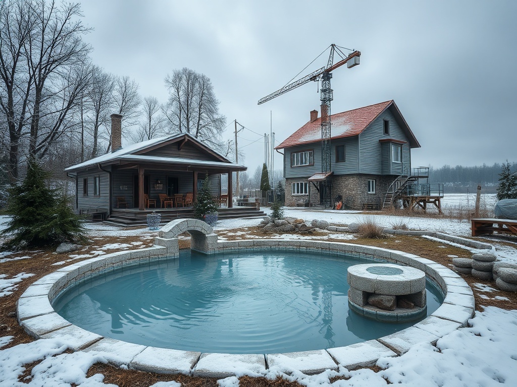Загородный дом с бассейном и строительным краном на фоне зимнего пейзажа. Снег и деревья вокруг.