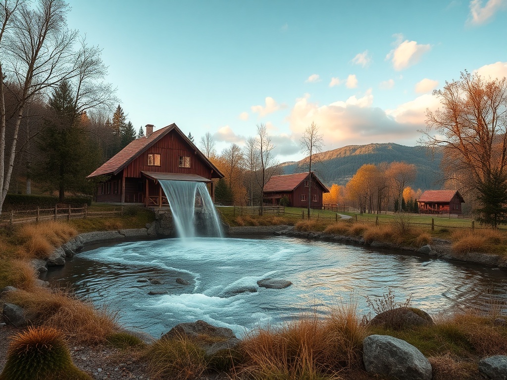 На изображении изображены дома у воды, водопад и горы на фоне вечернего неба и деревьев.