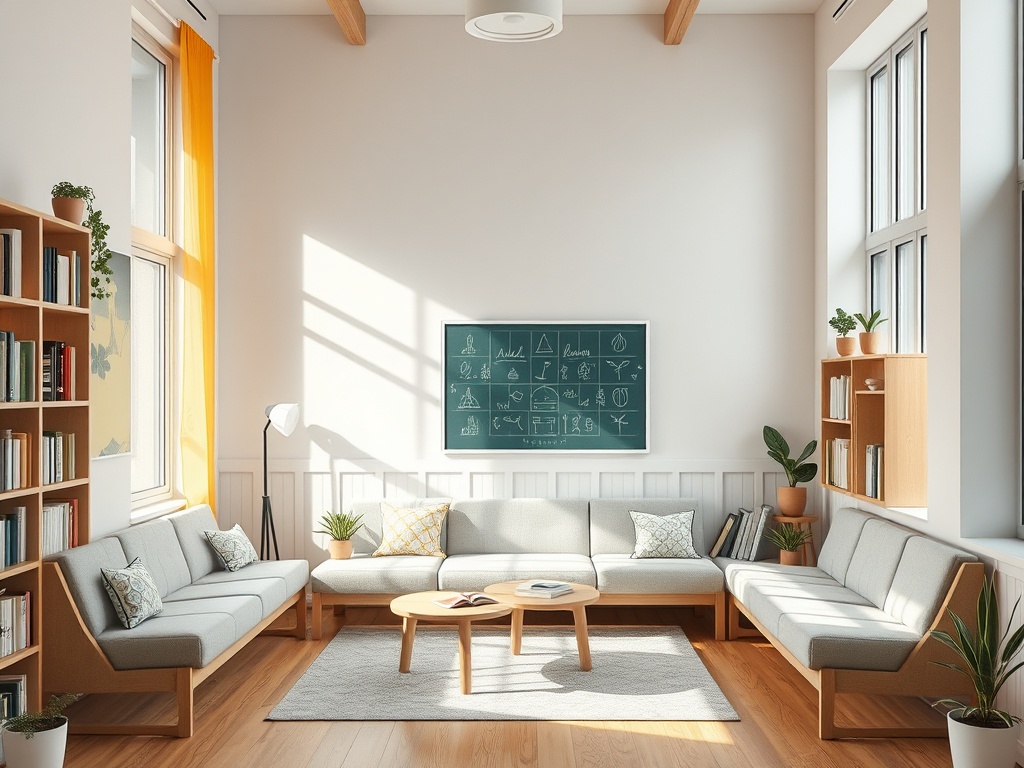 Светлая комната с мягкими диванами, деревянным столом и полками с книгами, зелеными растениями и креслом.