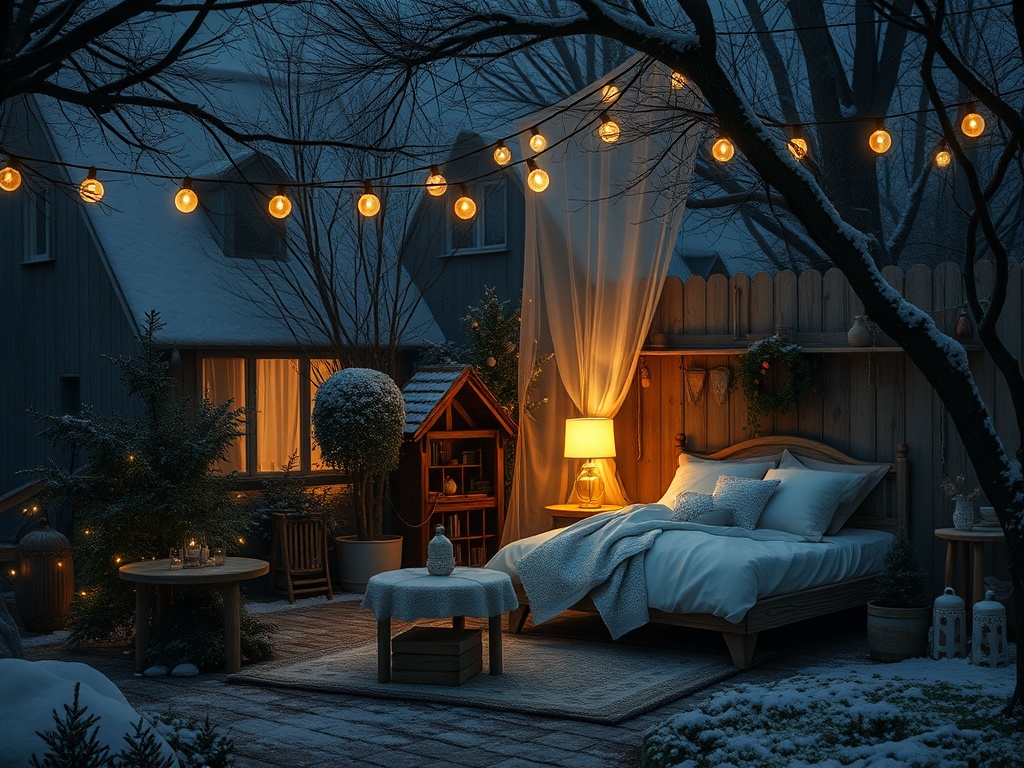 Уютный зимний двор с кроватью, украшенной огоньками, снежным пейзажем и светящимися элементами.