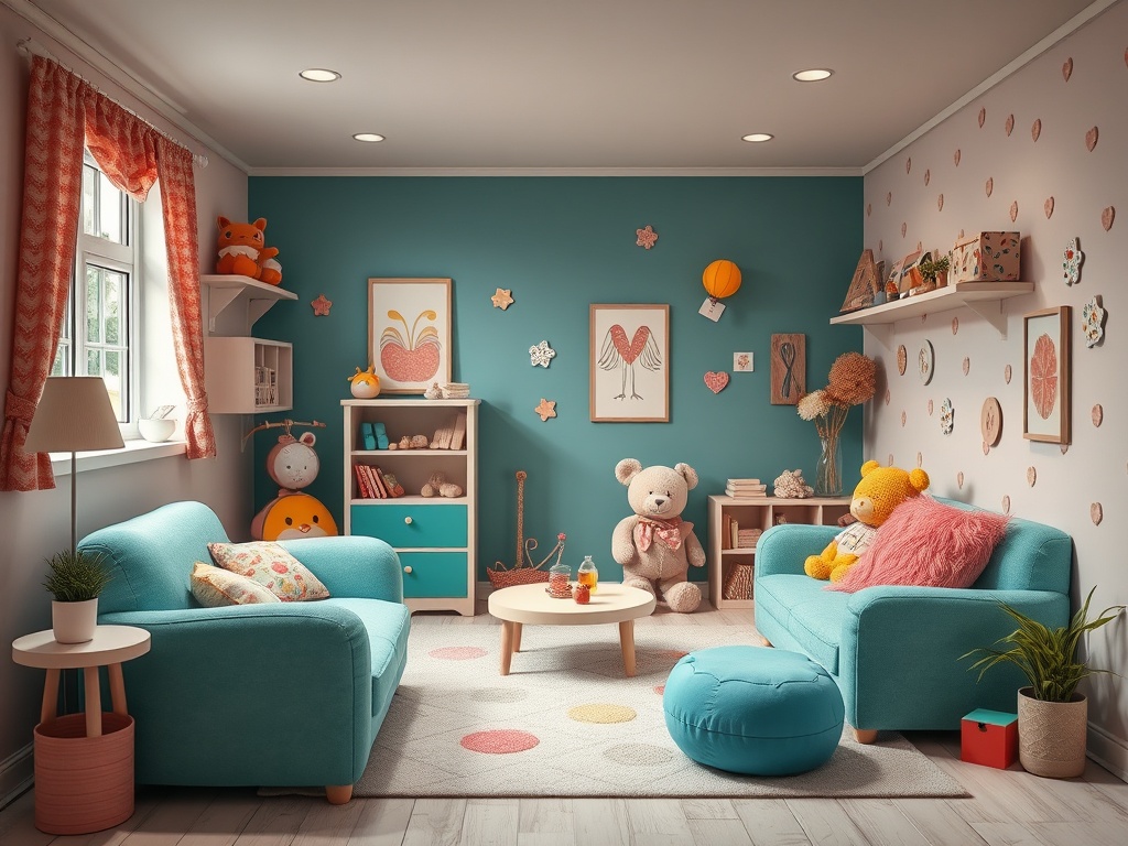 Комната для детей с уютной мебелью, игрушками и яркими стенами, создающая атмосферу уюта и радости.