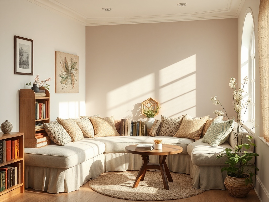 Уютный уголок с диваном и столиком, наполненный природным светом и декором в теплых тонах.