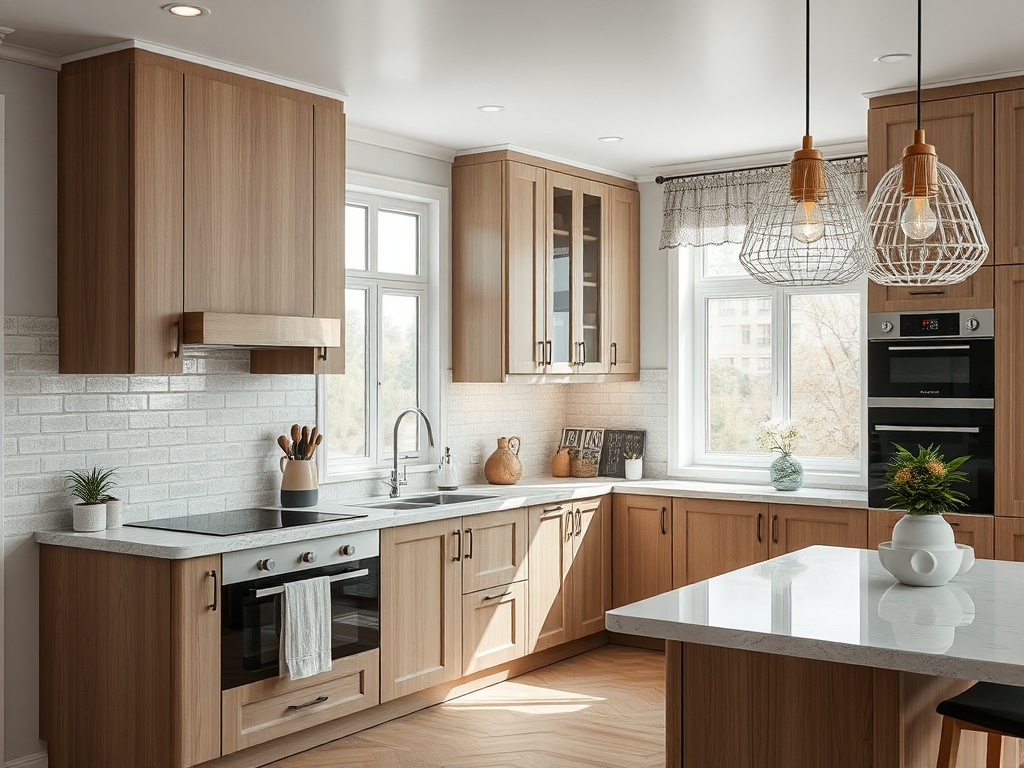 Современная кухня с деревянными фасадами, светлыми стенами и стильными подвесными светильниками.