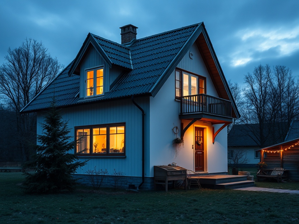 Уютный дом с ярко освещенными окнами на фоне вечернего неба и природы.