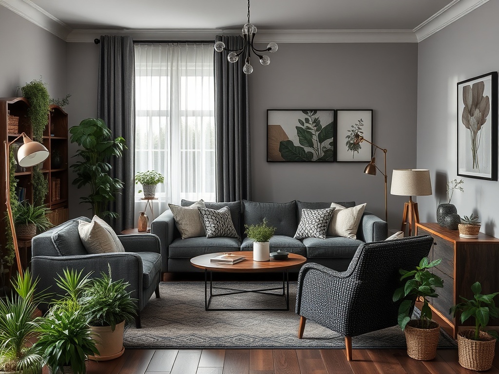 Современная гостиная с серыми диванами, растениями и светлыми занавесками у окна. Тёплая атмосфера.